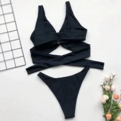 Oh Lala Sexy Swimwear -Gothic Clothing Store INGAGA Bikinis negros de estilo vendaje cruzado para mujer traje de ba o liso de realce jpg Q90 jpg