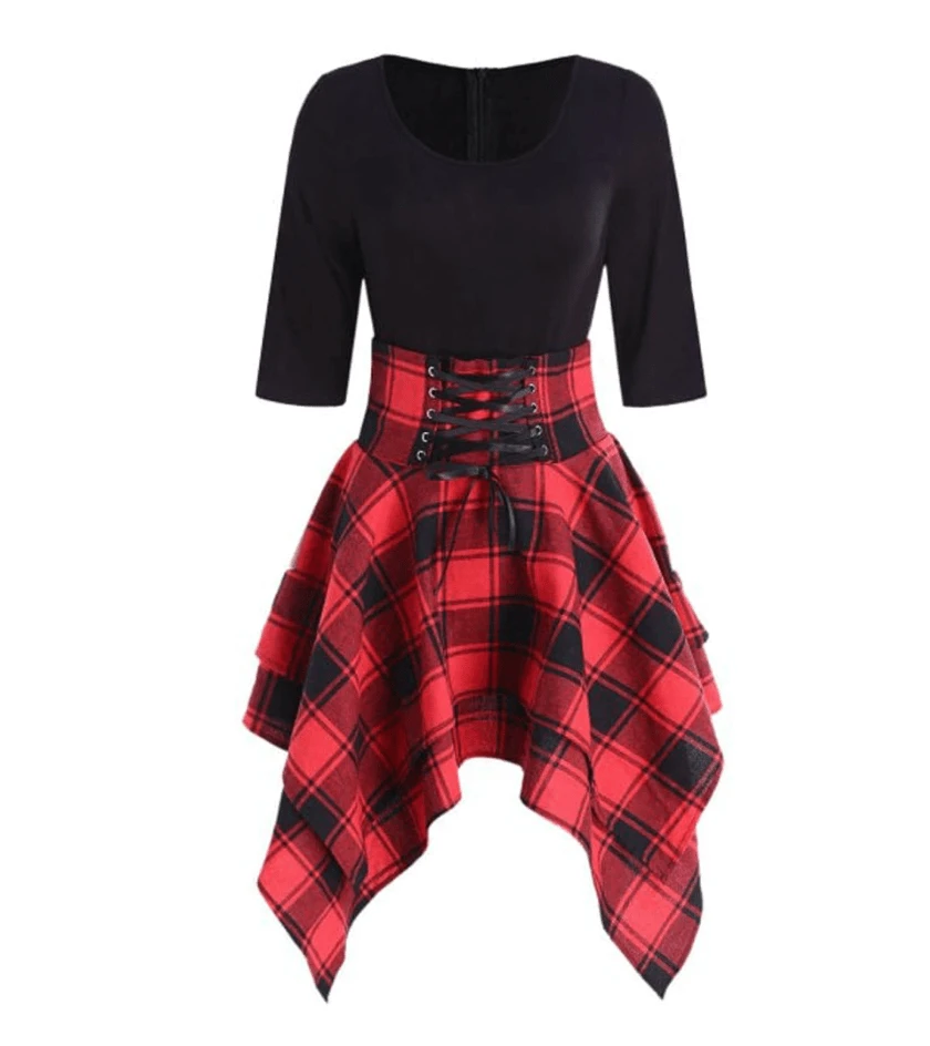 High Waist Plaid Asymmetric Mini Dress 3 High Waist Plaid Asymmetric Mini Dress - Image 3