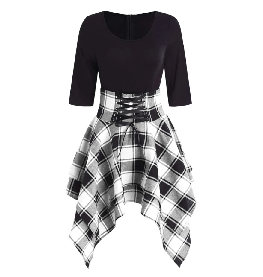 High Waist Plaid Asymmetric Mini Dress 5 High Waist Plaid Asymmetric Mini Dress - Image 5