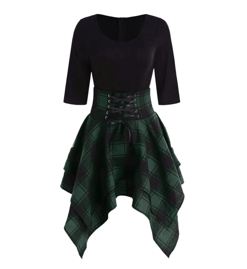 High Waist Plaid Asymmetric Mini Dress 4 High Waist Plaid Asymmetric Mini Dress - Image 4