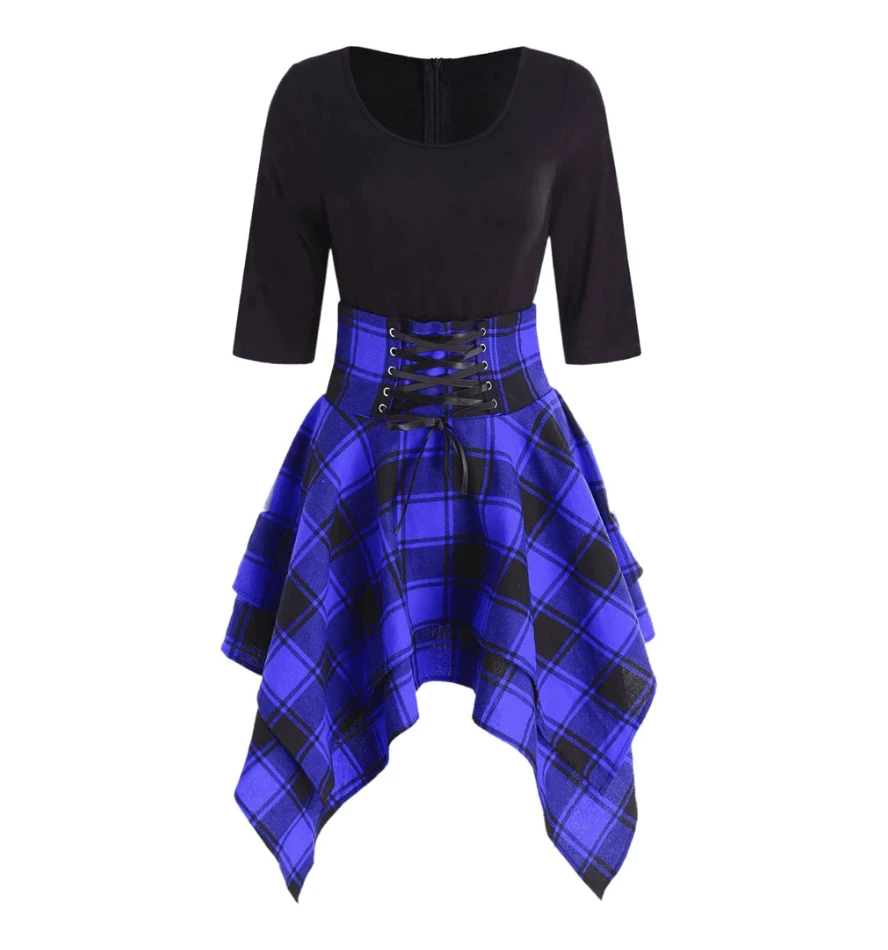 High Waist Plaid Asymmetric Mini Dress 2 High Waist Plaid Asymmetric Mini Dress - Image 2