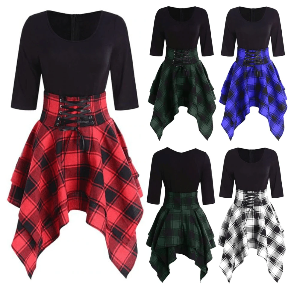 High Waist Plaid Asymmetric Mini Dress 6 High Waist Plaid Asymmetric Mini Dress - Image 6
