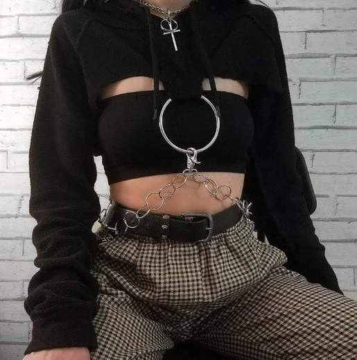 Gothic O-ring And Chain Crop Hoodie 1 Gothic O-ring And Chain Crop Hoodie