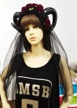 GOTHIC HORNS HEADDRESS WITH OPTIONAL BLACK VEIL (ROSE RED) -Gothic Clothing Store product image 203320783