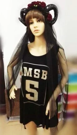 GOTHIC HORNS HEADDRESS WITH OPTIONAL BLACK VEIL (ROSE RED) -Gothic Clothing Store product image 203320790